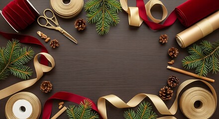 Christmas Crafting Supplies Flat Lay with Ribbons and Pine Cones
