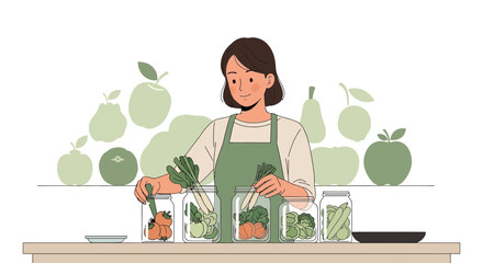 Young woman preserving fresh vegetables in jars for winter food storage concept