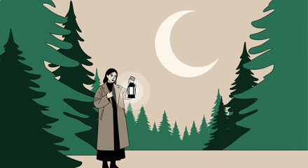 Woman with lantern stands in a forest under a crescent moon at night design