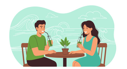 Young couple enjoying healthy green smoothies at a beachfront cafe illustration