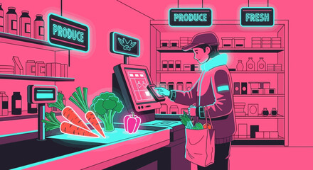 A modern depiction of self-checkout at a grocery store with neon elements and vibrant colors