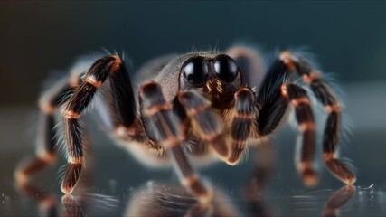 Spider walking with deliberate steps, filmed in macro for a frighteningly realistic effect, showcasing its hairy legs and detailed features, perfect for horror or nature content