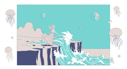 A surreal coastal illustration featuring a woman, waves, jellyfish and celestial bodies against an