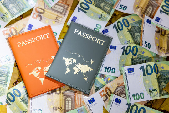 Passport and money Euro banknotes arranged together. Currency details and Europe travel document for tourism, finance, global travel expenses, international economy, cost worldwide journey concept
