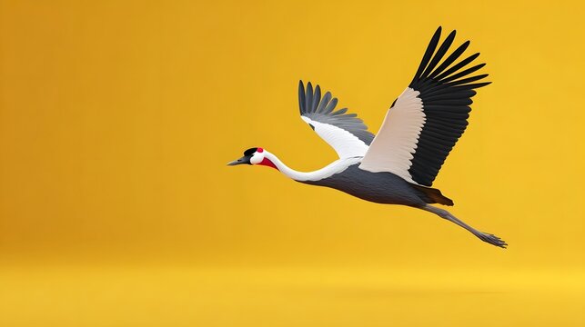 A single Grey Crowned Crane bird is captured in mid flight showcasing its wingspan and distinctive plumage against a clean bright yellow studio backdrop evoking a sense of freedom and elegance