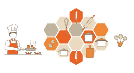 Culinary Concept Design: Chef Preparing Food Surrounded by Kitchen Utensils in Hexagons
