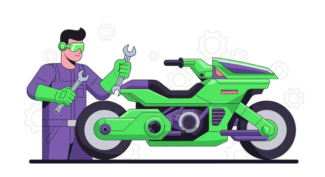 Cartoon mechanic repairing futuristic motorcycle with wrenches in a service environment