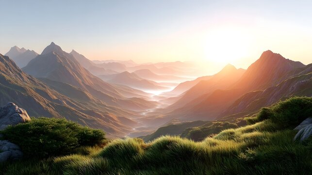 Expansive panoramic view of dramatic mountain peaks bathed in warm golden sunrise light with ethereal mist filling the deep valley and vibrant green grass in the foreground
