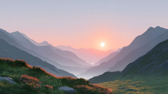 Majestic mountain ranges recede into a pastel sky during a tranquil sunrise or sunset illuminating a serene valley with vibrant green meadows and delicate wildflowers in the foreground
