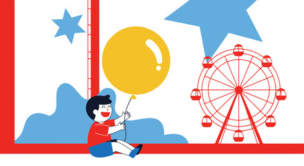 Illustration of a happy boy holding a balloon at an amusement park enjoying fun time