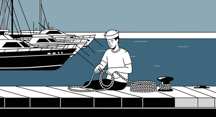 Illustration of a sailor preparing ropes on a dock with luxury yachts in the background showcasing