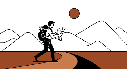 Illustration of a traveler with a backpack navigating a mountain landscape with a map