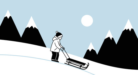 Minimalist illustration of a child pulling a sled uphill on a snowy winter day mountain backdrop