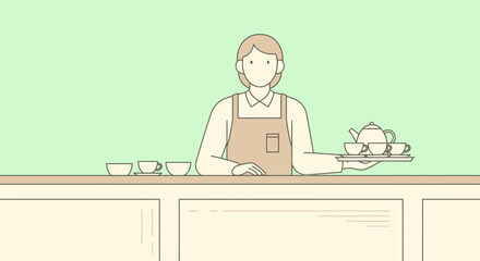 Minimalist illustration of a server holding a tea set in a serene pastel setting offering a moment