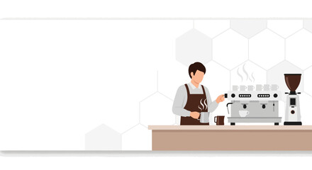 Professional barista preparing coffee in coffee shop with modern equipment vector design