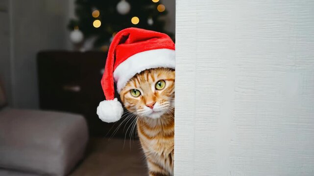 Warm-toned with cat wearing red Santa hat and looking curious behind white partition with pattern of dots or snowflakes.