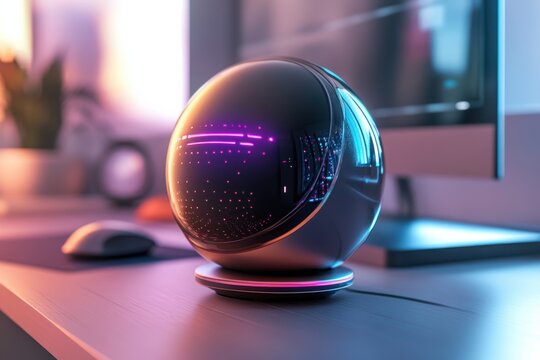 A sleek futuristic sphere device glows with vibrant purple and blue neon lights on a modern office desk, creating an innovative digital workspace.