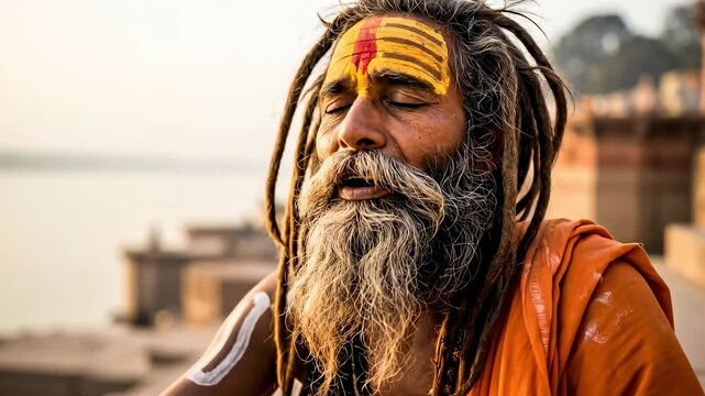 An elderly male Hindu Sadhu in a saffron robe gesturing in meditation by the river, showcasing spirituality and heritage at sunrise in Varanasi, India.