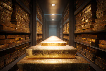 A dazzling row of gold bars gleams in a secure storage facility, showcasing immense wealth and luxury in a modern vault setting.