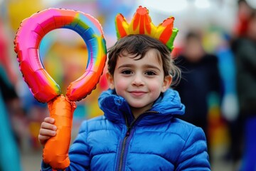 A happy young child smiles brightly, holding a vibrant rainbow balloon and wearing a festive crown at a fun outdoor event.