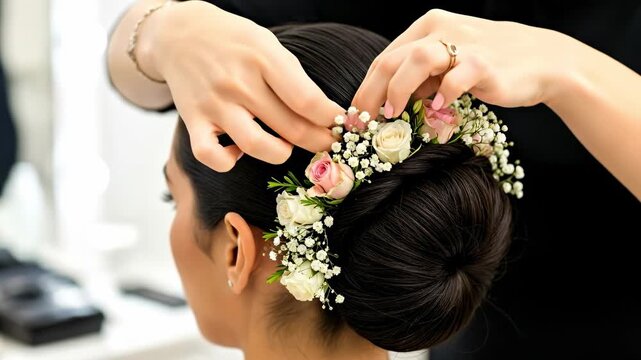 Elegant Bridal Hairstyle: A Close-Up of a Young Woman's Stunning Updo Adorned with Fresh Flowers and Delicate Baby's Breath on Her Wedding Day in a Beauty Studio