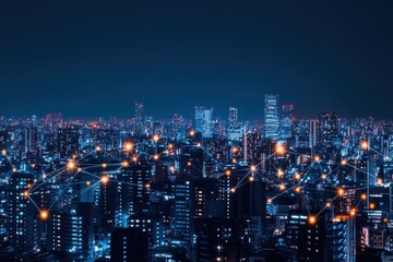 A vibrant digital network illuminates the modern city skyline at night, connecting urban buildings with advanced communication technology and data flow.