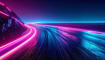 Neon Light Trails on Asphalt Road at Night a Concept of Modern Transportation and High Tech Urban Travel.
