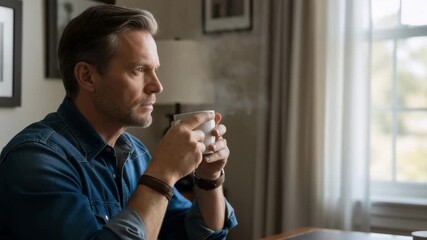 Thoughtful mature man drinking hot coffee in the morning. Pensive person relaxing at home and looking out a window. Quiet moment of contemplation and reflection