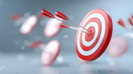 Multiple red and white dartboards are visible with three arrows perfectly striking the bullseye of the main target representing achievement and precision