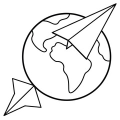 Paper airplane flying around the globe