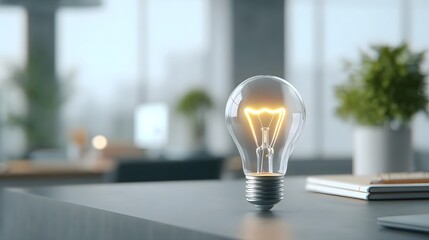 Symbolizing innovation and creativity a vintage style incandescent light bulb emits a warm glow on a desk set against a softly blurred modern office backdrop