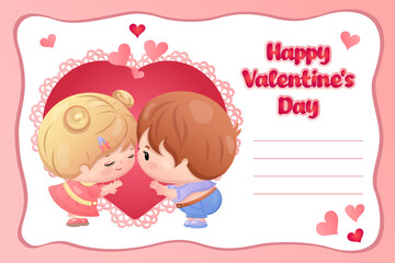 Adorable kids in love with heart background for valentine?s day card design.