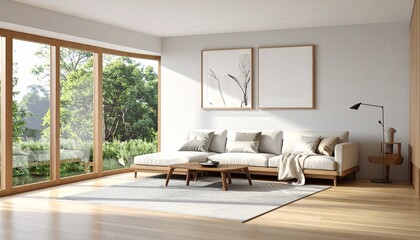 Bright and Airy Living Room Interior with Large Windows and Modern Decor for a Relaxing Home Atmosphere.