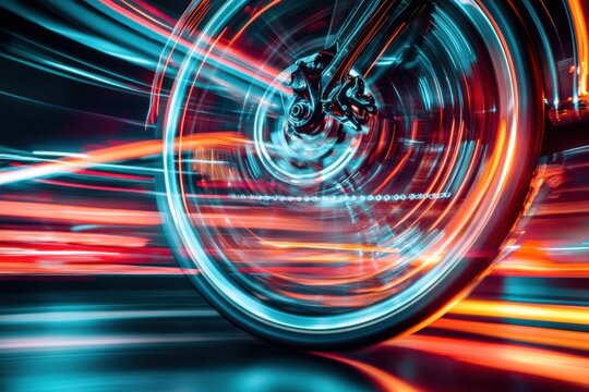 The motion blurred wheel creates vibrant red and blue light trails, emphasizing fast speed and dynamic energy in an abstract setting.