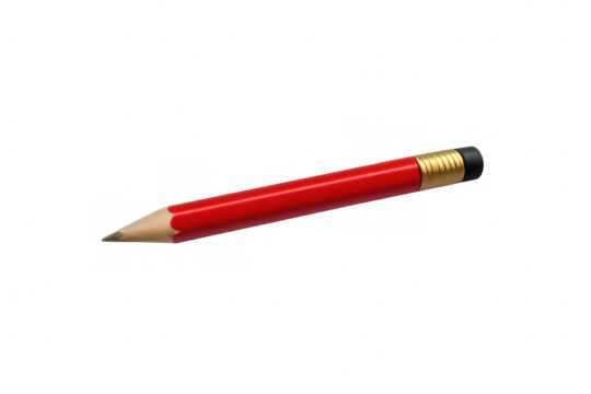 Red wooden pencil with eraser creating and learning by drawing writing or sketching, transparent background