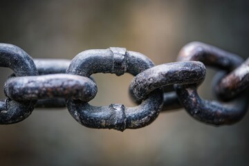 Fototapeta premium A detailed close up image of a very strong old rusty metal chain showing its weathered texture and firm links in a continuous connection.