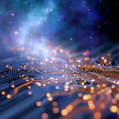 Abstract digital circuit board with glowing lights and cosmic nebula background