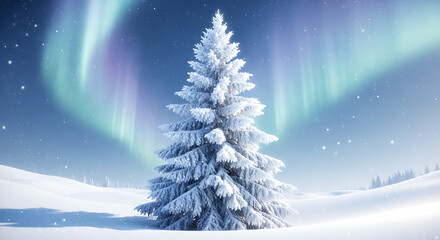 Magical Christmas Tree in Snow with Aurora Borealis Background
