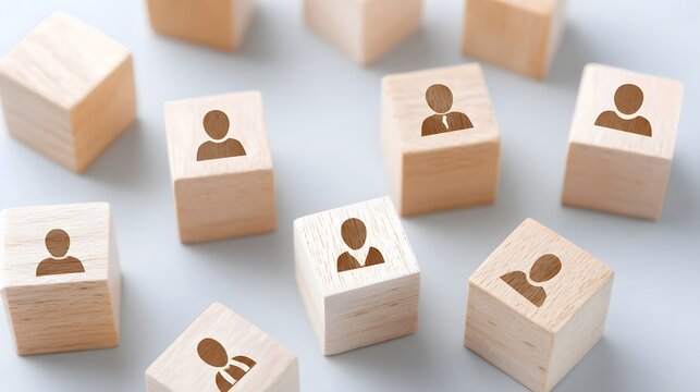 This image depicts multiple wooden cubes each featuring a clear silhouette icon of a person  The arrangement suggests themes of team building human resources diversity