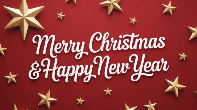 Merry christmas and happy new year greetings with golden stars on a festive red background - Powered by Adobe