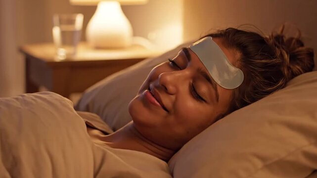 Content woman with a cooling patch on her forehead peacefully sleeping in her bed at night