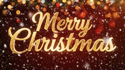 An animated "Merry Christmas" title reveal. The text is formed by a burst of sparkling golden dust and particles on a rich, dark red background. The scene is framed by colorful, festive bokeh lights a - Powered by Adobe