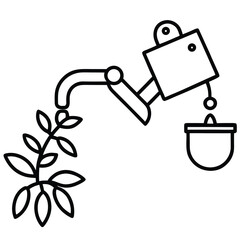 Robotic arm watering a plant into a pot