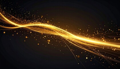 Fototapeta premium Golden abstract wave on dark background luxury glow effect with shimmering particles for presentation.