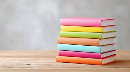 Vibrant and orderly stack of seven distinctively colored hardcover books arranged vertically on a rustic wooden surface presenting a sense of learning and knowledge with a neutral textured backdrop