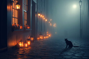 Mysterious Black Cat Silhouette on a Cobblestone Street Lined with Glowing Halloween Pumpkins and Lanterns in Deep Fog