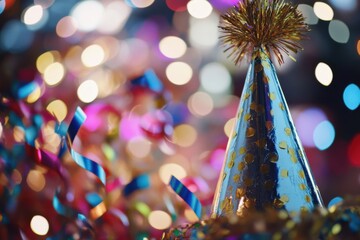 A shiny blue party hat with gold dots and a fun pompom sits among bright confetti and streamers, creating a cheerful atmosphere with bokeh lights.