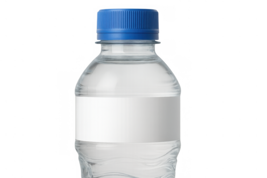 Plastic mineral water bottle with blue cap and blank white label on transparent background, showing hydration concept