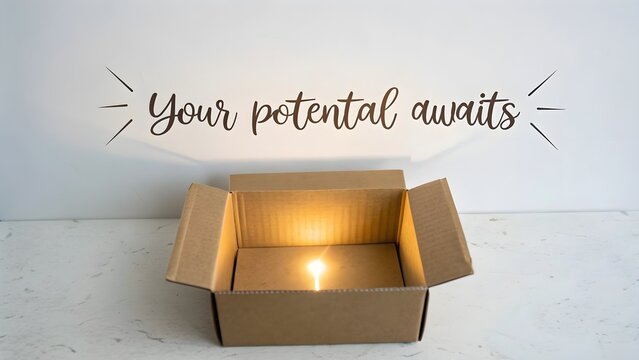 Open cardboard box with glowing light and inspirational quote