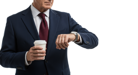 distinguished senior caucasian businessman in a tailored navy suit checking his watch, holding a coffee cup against a transparent background, concept of corporate punctuality